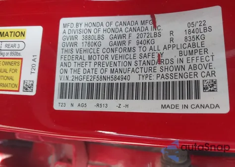 2022 Honda Civic Sport из США, поврежденный, VIN 2HGFE2F58NH584940